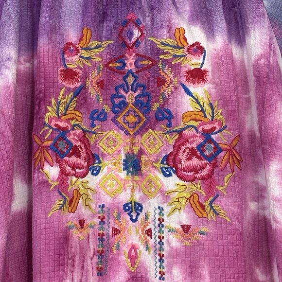 Calessa Tie Dye Tunic Large Purple Blue Pink Floral Embroidered 3/4 Tier Sleeve - Picture 7 of 8